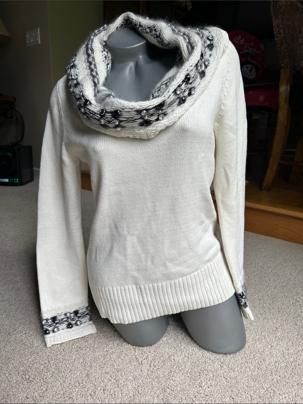 WHITE HOUSE, BLACK MARKET, OFF WHITE AND BLACK SWEATER WITH GEM ACCENTS